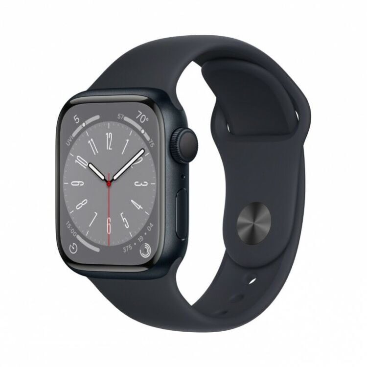 Apple Watch Series 8, 41 мм, корпус из алюминия цвета Тёмная ночь, спортивный ремешок цвета Тёмная ночь